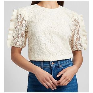 EXPRESS Lace Short Ruffle Sleeve Ivory Blouse